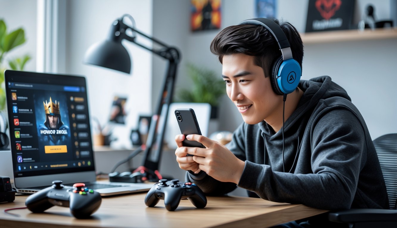 Seorang pemain muda sedang fokus bermain game di ponsel di meja kerja dengan perlengkapan gaming di sekitarnya.