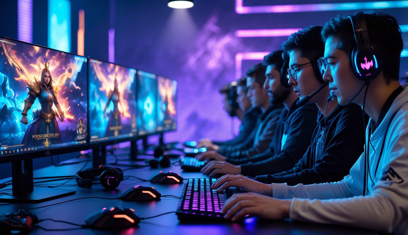 Sekelompok pemain game sedang fokus bermain Honor of Kings dengan layar komputer menampilkan aksi permainan yang penuh warna dan efek magis.