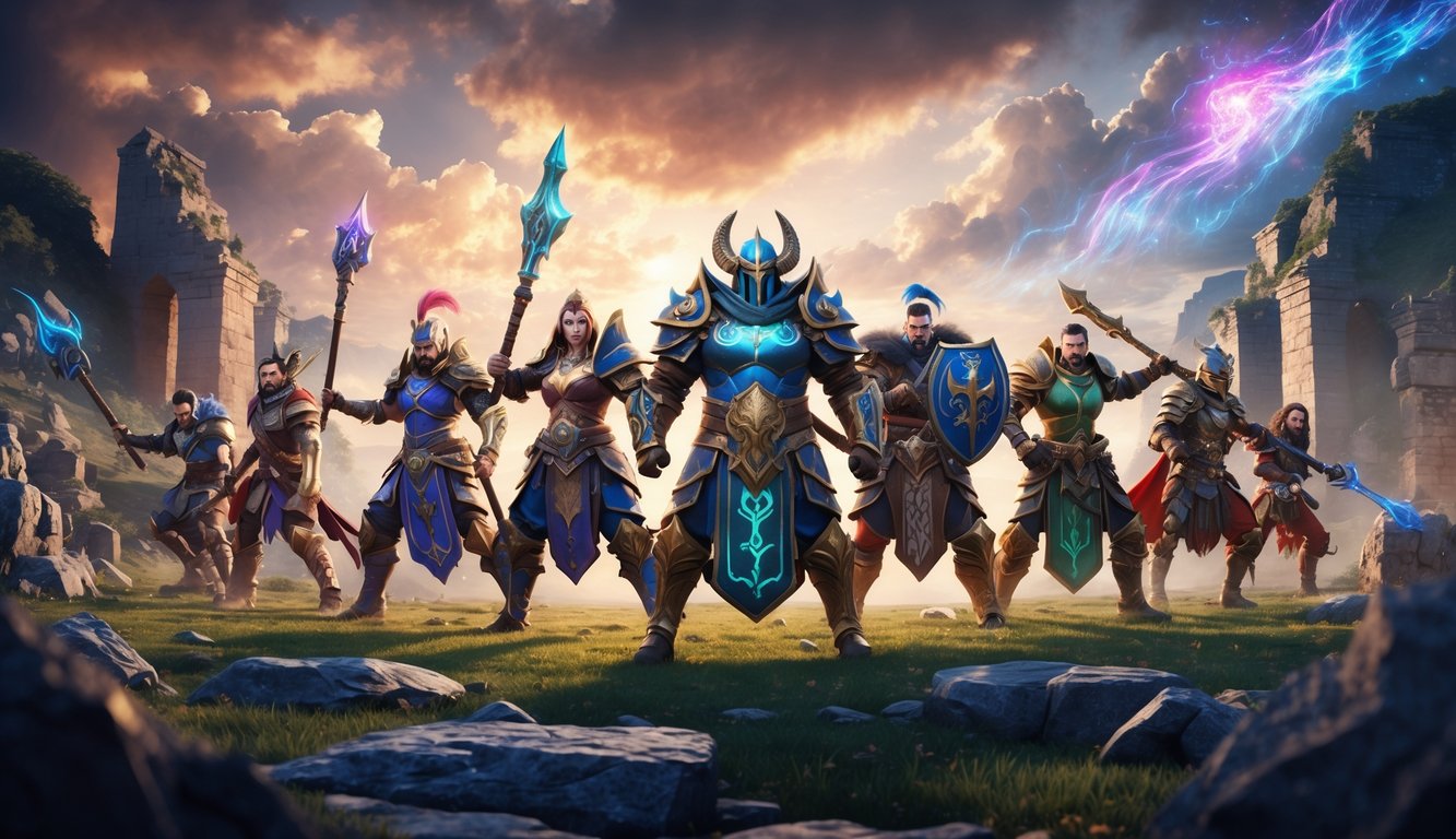 Sekelompok pahlawan fantasi dengan pakaian tempur berdiri di medan pertempuran mistis dengan latar langit dramatis dan reruntuhan kuno.