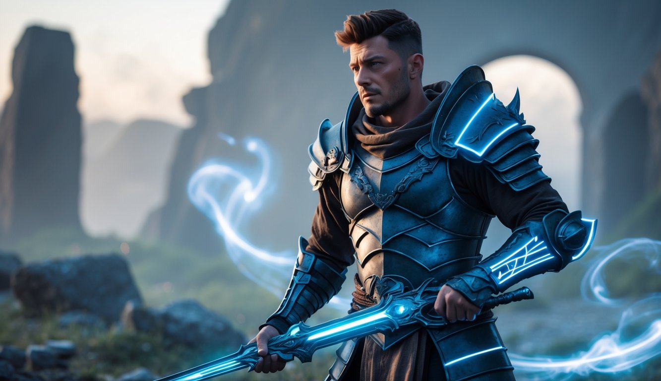 Seorang prajurit berdiri siap bertarung di medan perang dengan reruntuhan kuno di latar belakang.