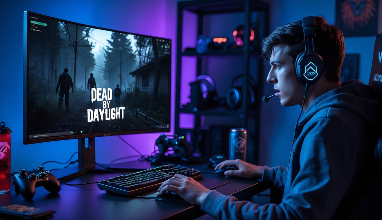 Seorang pria muda sedang bermain Dead by Daylight di depan komputer dengan pencahayaan ruangan yang remang dan suasana gaming.
