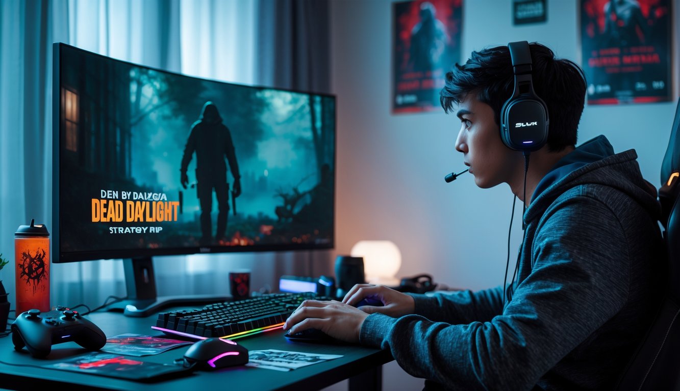Seorang gamer muda fokus bermain Dead by Daylight di depan komputer dengan perlengkapan gaming lengkap di ruangan yang terang.