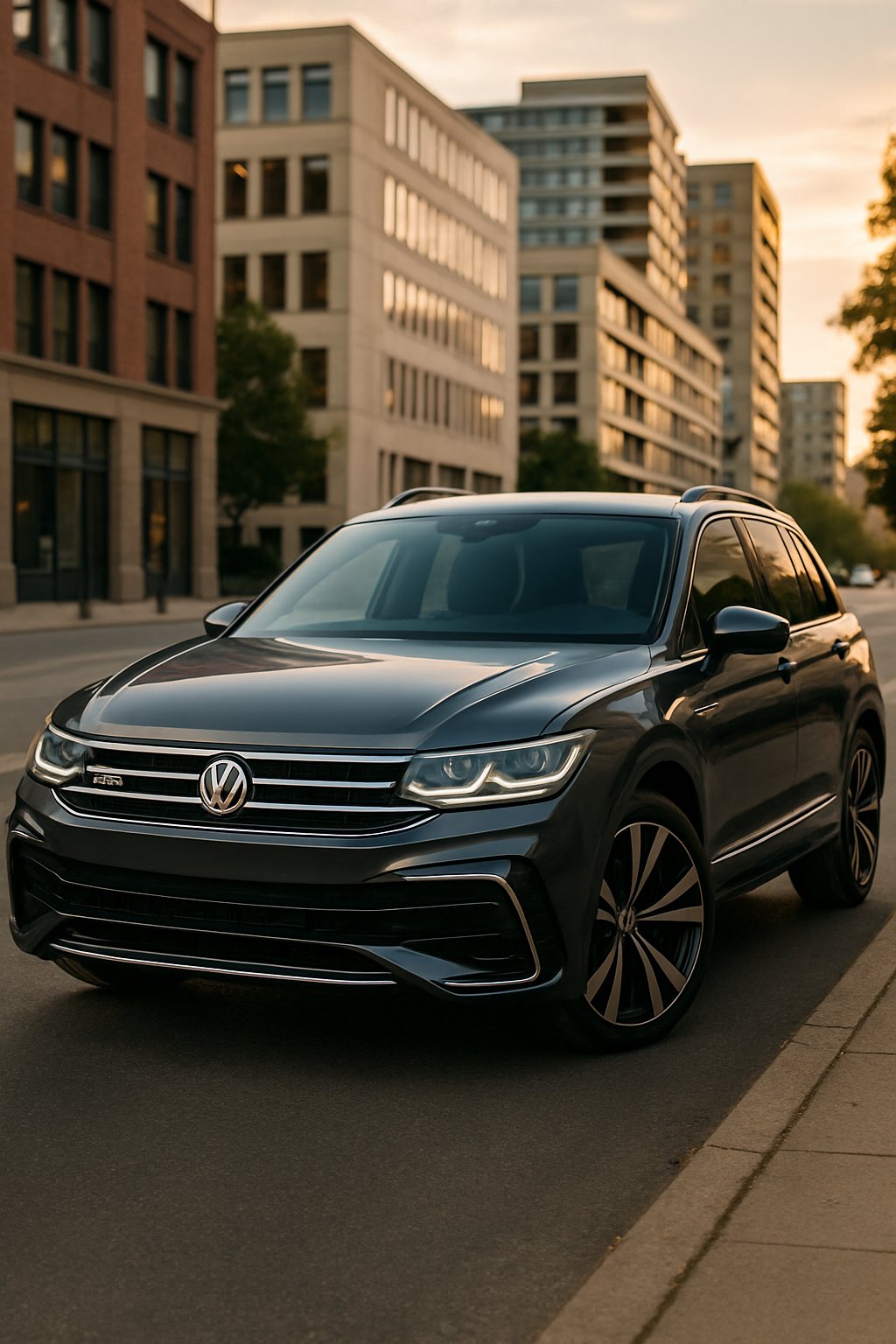 A Volkswagen Tiguan R-Line parked on a city street with modern buildings in the background.