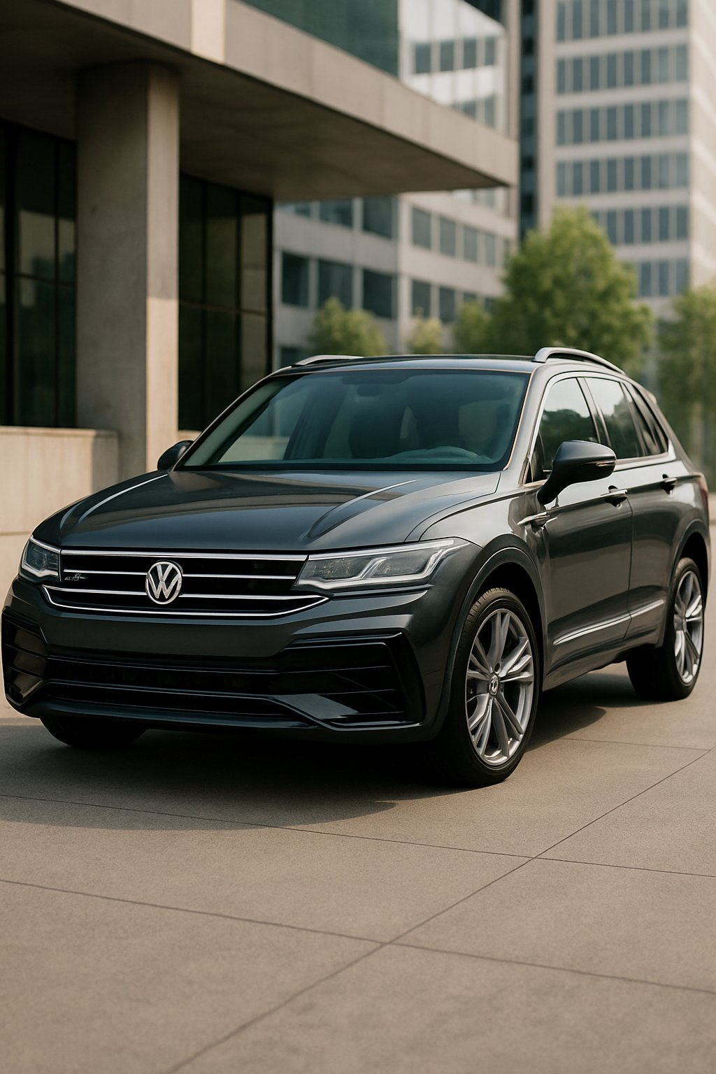 A Volkswagen Tiguan R-Line parked in a modern city setting during the day, shown from the front side angle.