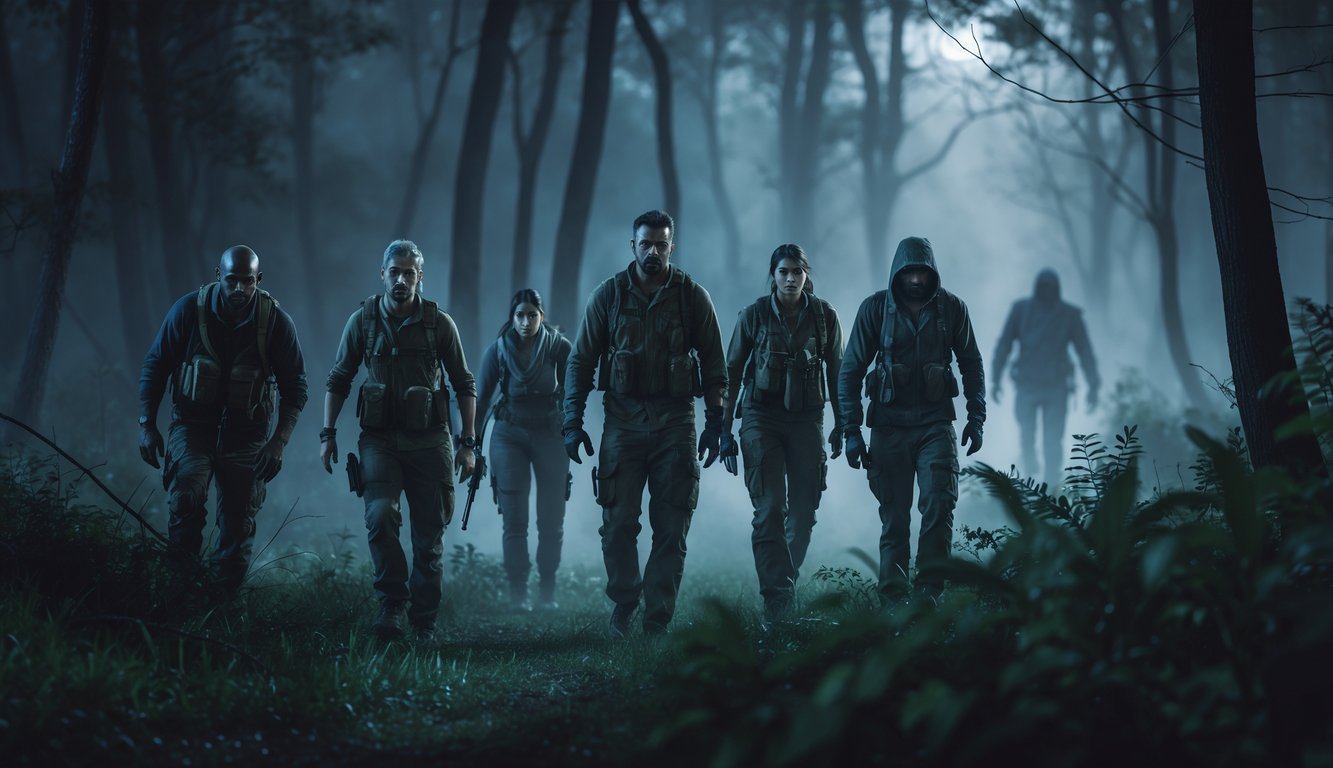 Sekelompok penyintas berhati-hati berjalan di hutan gelap dengan bayangan sosok mengancam di kejauhan.