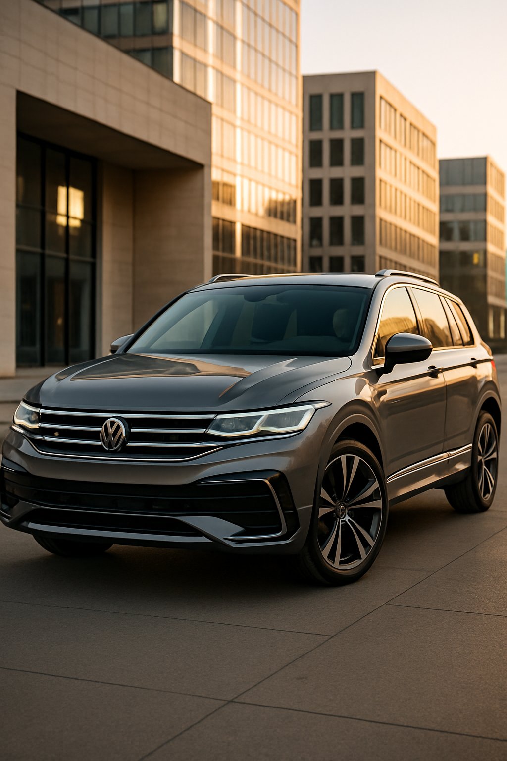 A Volkswagen Tiguan R-Line parked in a city environment, showing its front and side with modern buildings in the background.