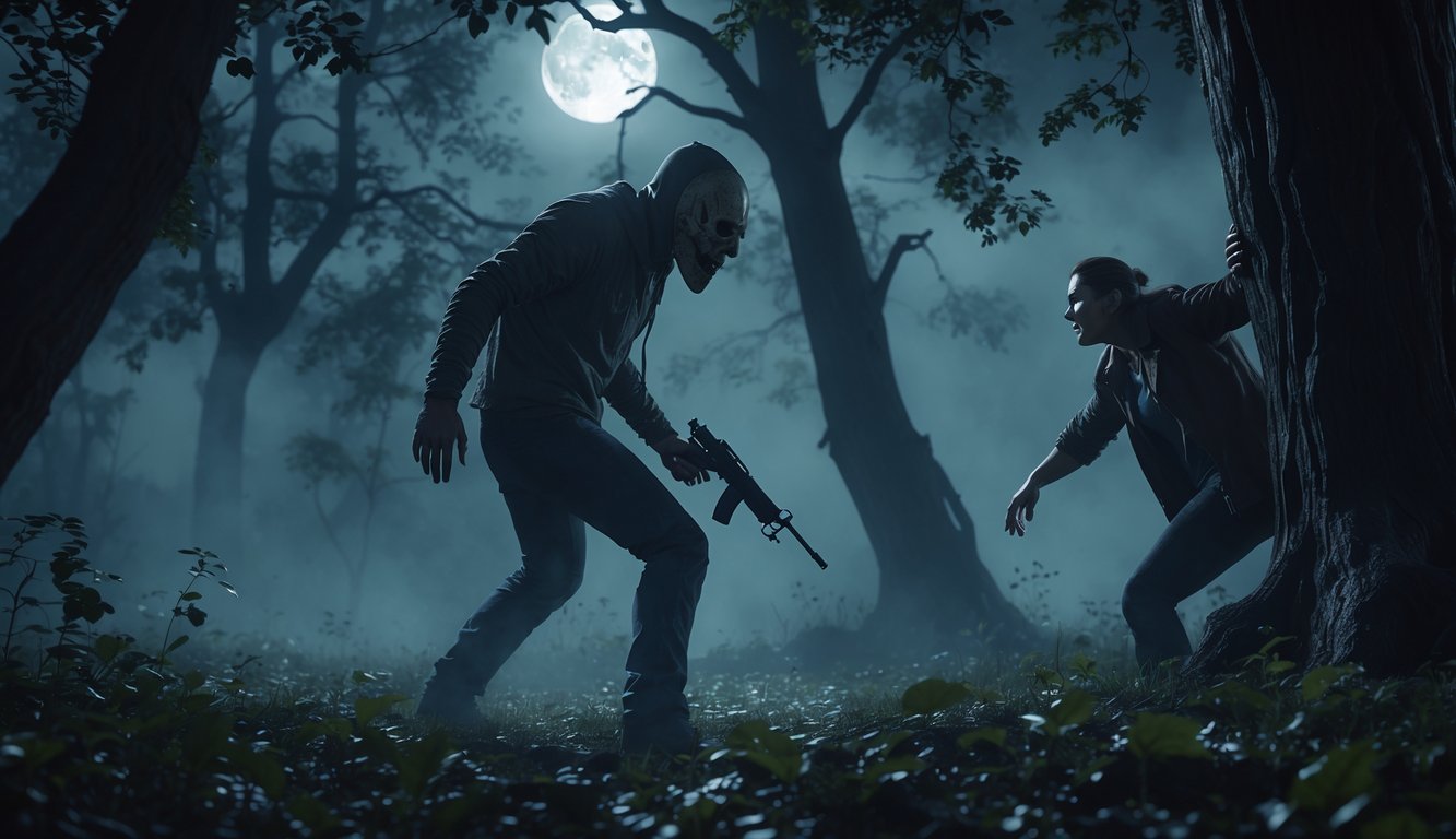 Seorang pembunuh menakutkan mengintai seorang penyintas yang bersembunyi di hutan gelap pada malam hari.