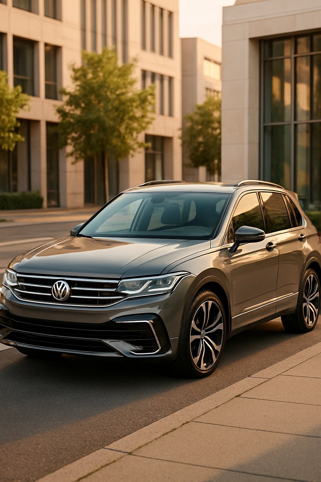 A Volkswagen Tiguan R-Line parked on a city street with buildings in the background during sunset.
