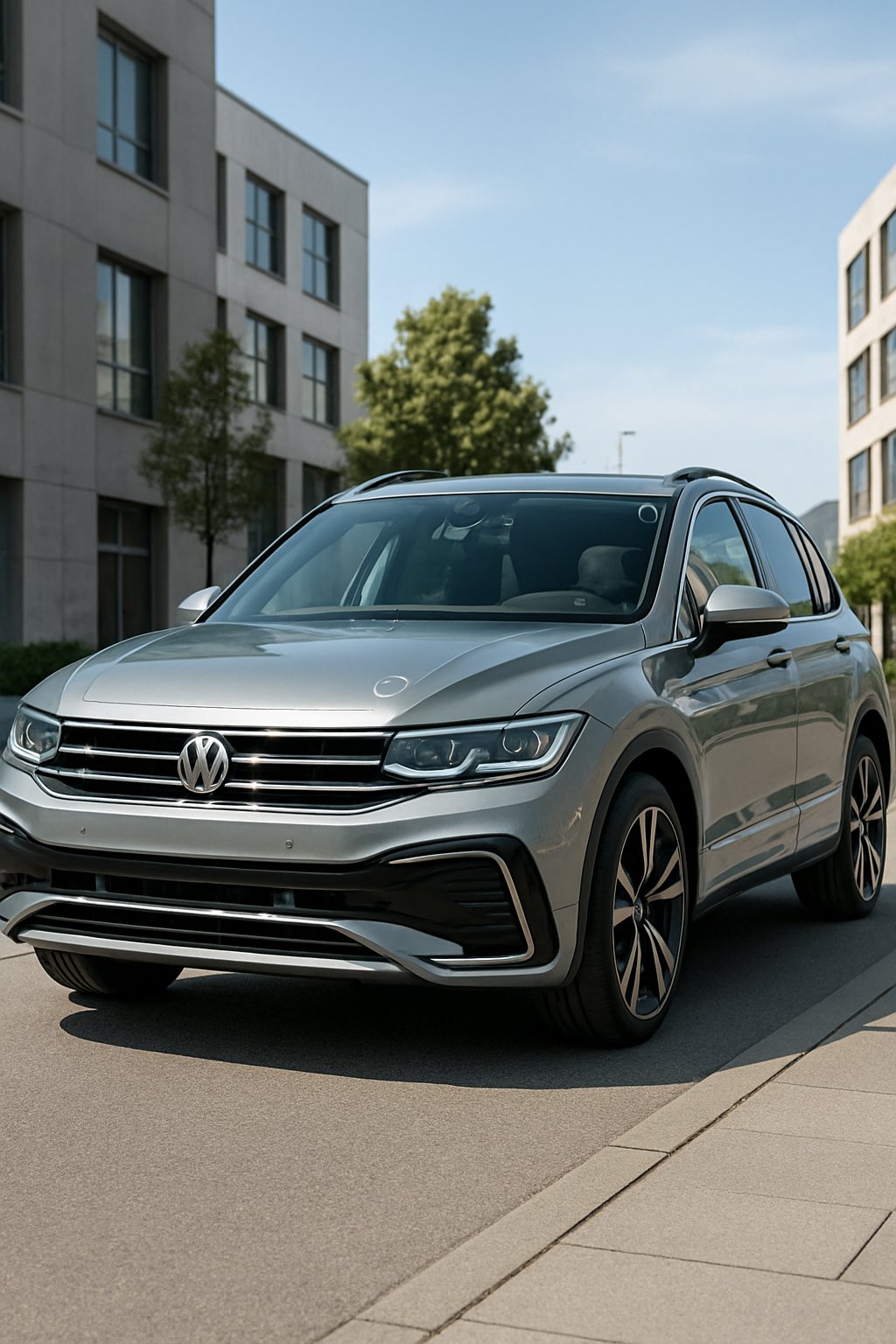 A Volkswagen Tiguan R-Line parked on a city street with visible sensors for driver assistance.