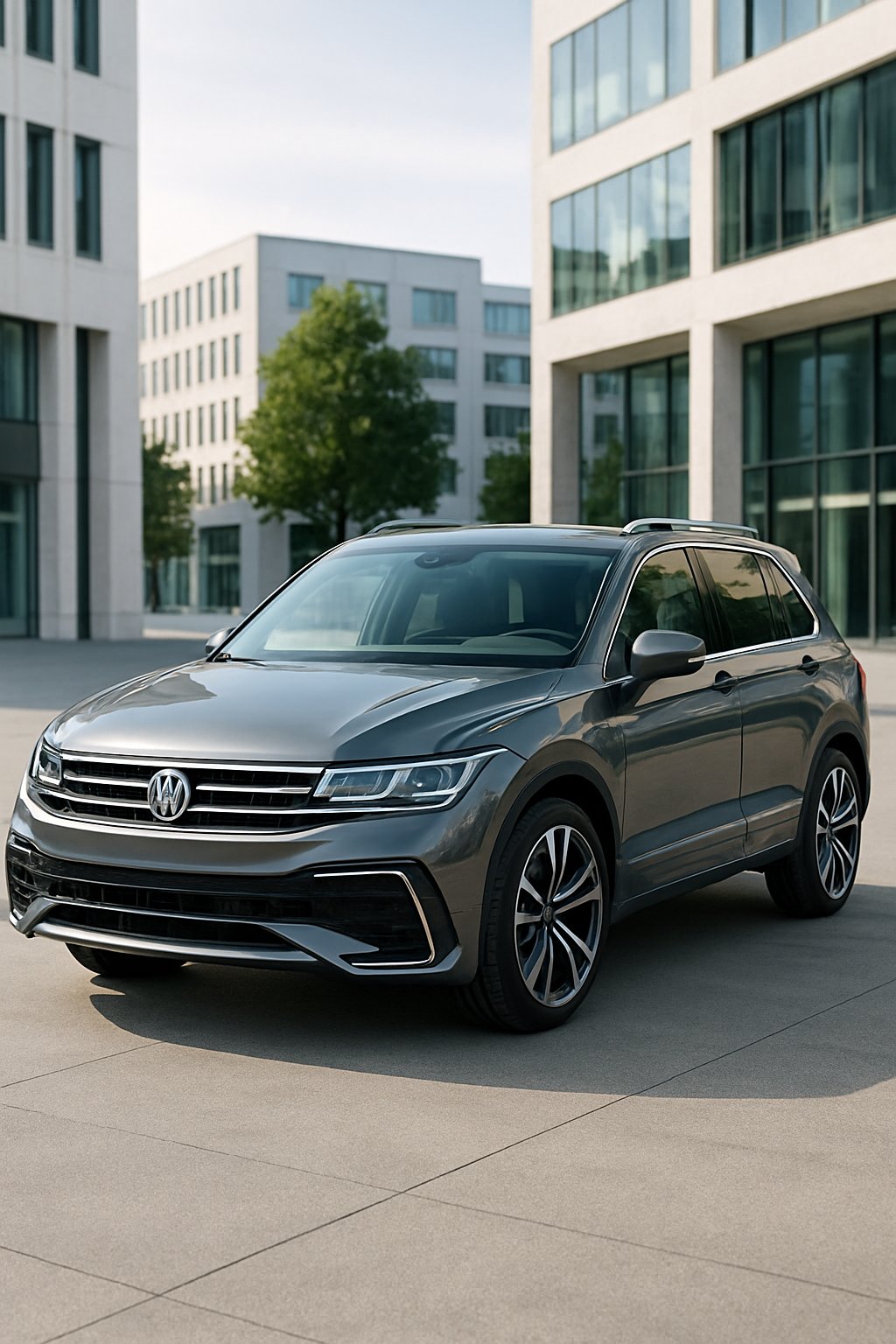 A Volkswagen Tiguan R-Line parked outdoors in an urban environment with modern buildings in the background.
