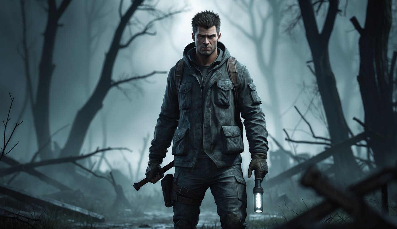 Seorang penyintas berdiri di hutan gelap dengan pakaian bertahan hidup dan memegang senjata sederhana, siap menghadapi bahaya.