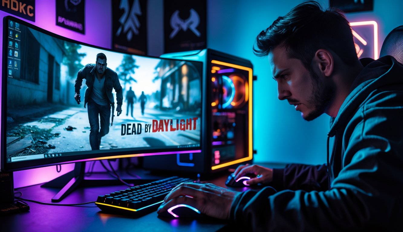 Seorang gamer fokus bermain Dead by Daylight di depan komputer dengan layar besar menampilkan adegan permainan intens.