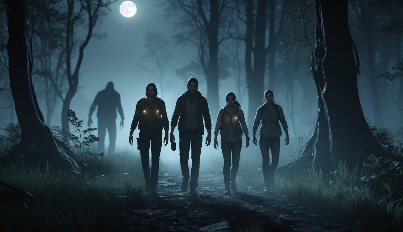 Sekelompok empat penyintas berjalan bersama di hutan gelap dengan kabut dan cahaya bulan, bayangan sosok mengancam terlihat di latar belakang.