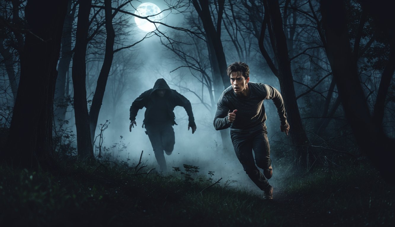 Seorang pemuda berlari cepat di hutan gelap dikejar oleh sosok misterius di malam hari.
