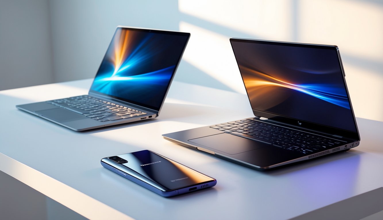 Meja kerja modern dengan laptop HP terbaru 2025 dan ponsel Samsung terbaru 2025 yang diletakkan berdampingan.