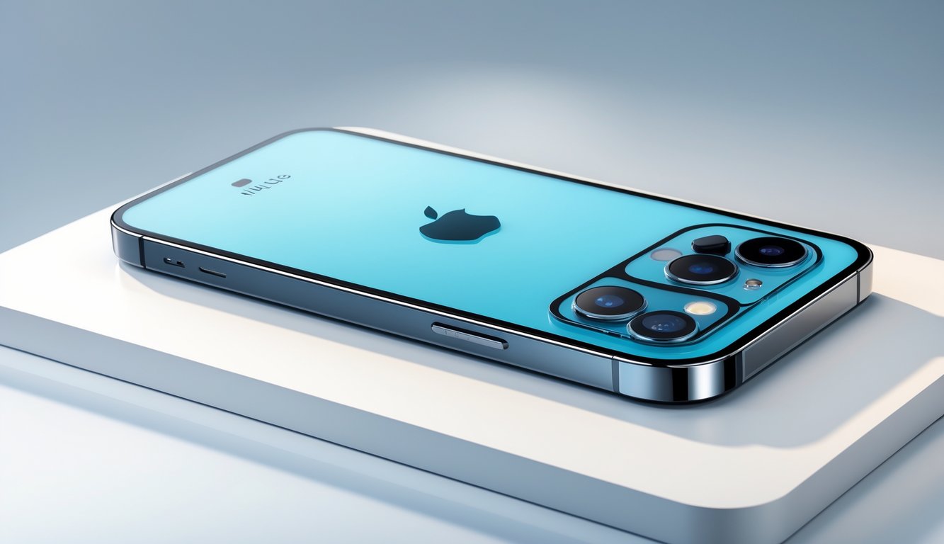 Sebuah iPhone terbaru tahun 2025 diletakkan di atas permukaan putih dengan latar belakang abu-abu muda, menampilkan desain tipis dan kamera belakang ganda.