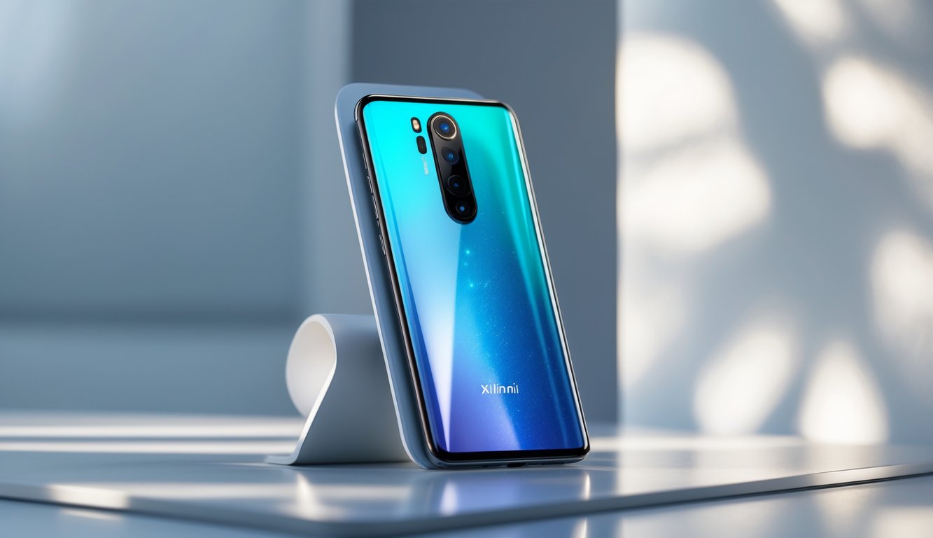 Foto ponsel Xiaomi terbaru tahun 2025 yang diletakkan di atas permukaan modern dengan latar belakang minimalis.