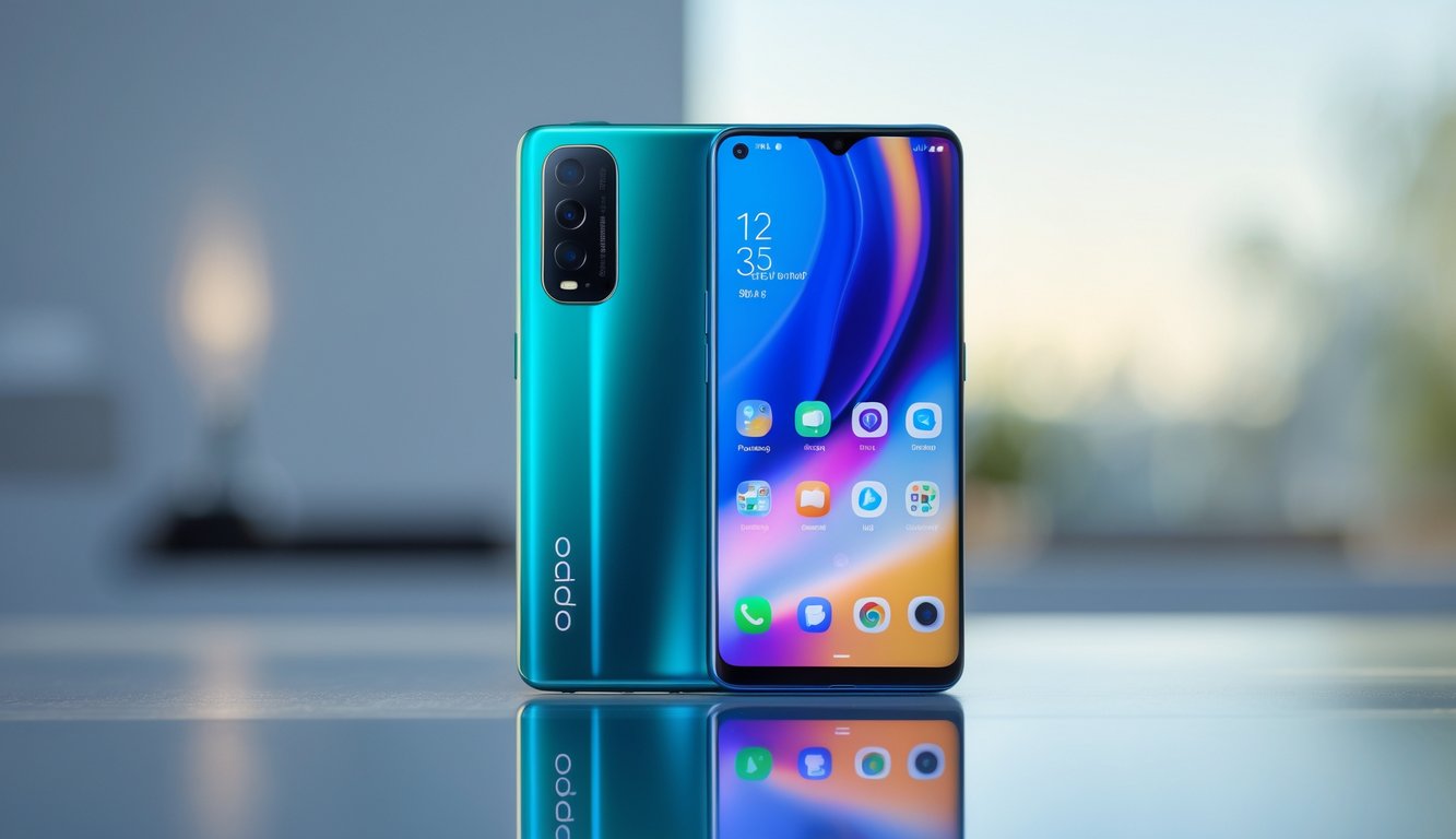 Ponsel Oppo terbaru tahun 2025 diletakkan di atas permukaan modern dengan latar belakang minimalis.