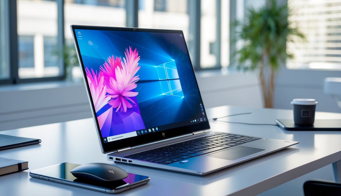 Laptop HP Vivo terbaru 2025 terbuka di atas meja kantor modern dengan aksesori kantor di sekitarnya.