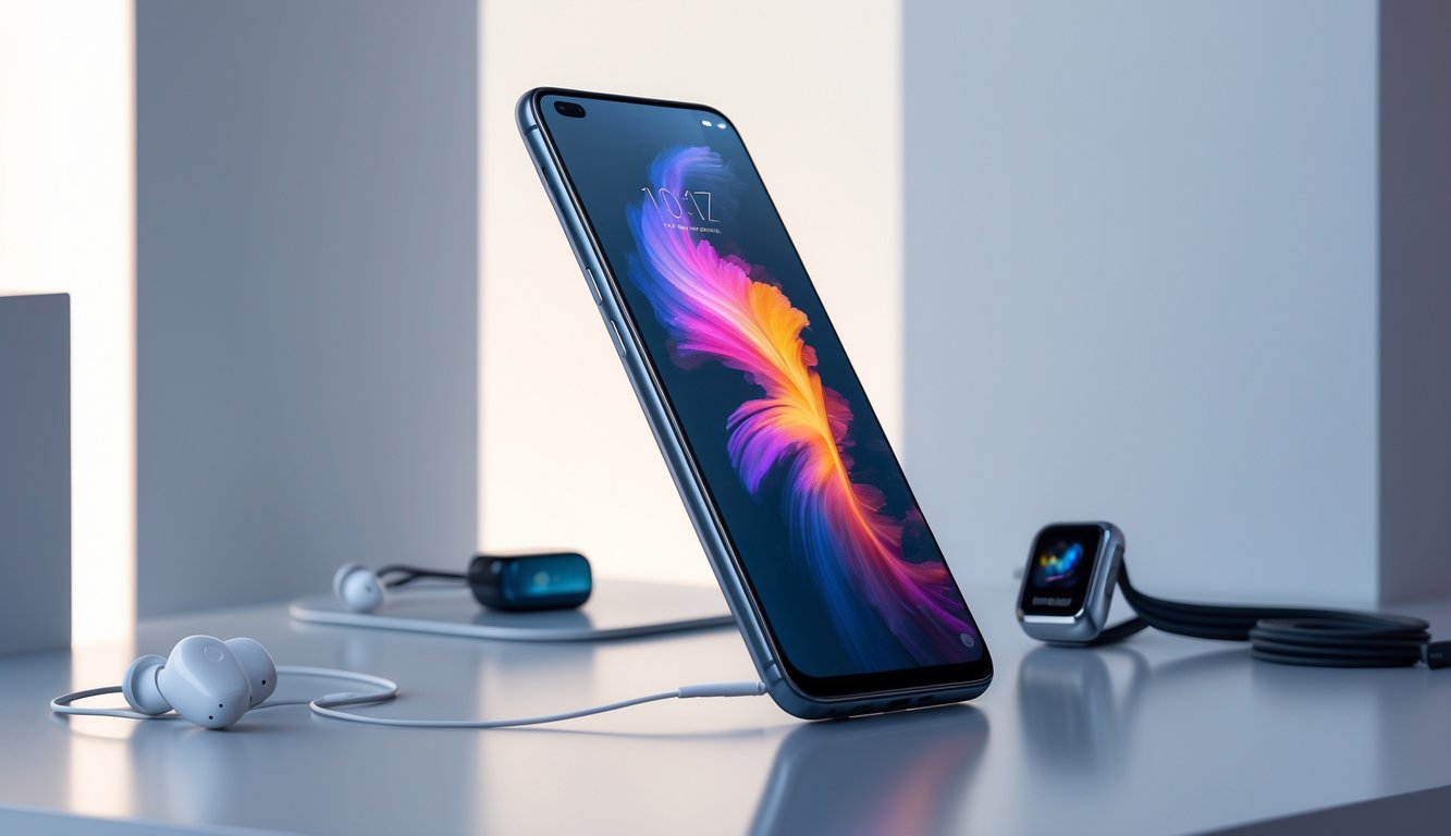 Ponsel Realme terbaru tahun 2025 diletakkan di atas permukaan modern dengan aksesori teknologi di sekitarnya.