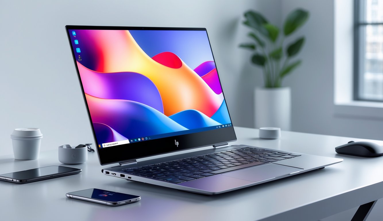 Sebuah laptop HP Infinix terbaru 2025 terbuka di atas meja kerja modern dengan aksesori teknologi di sekitarnya.