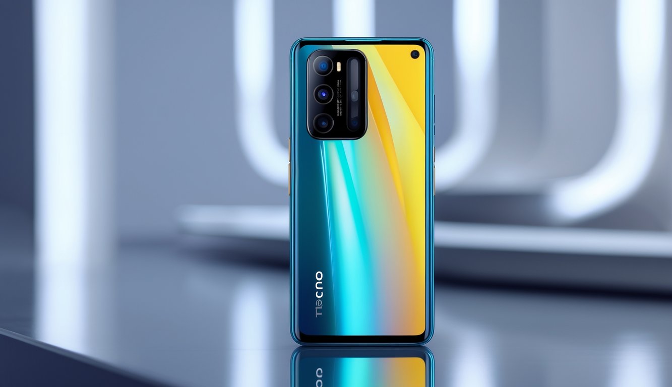 Sebuah ponsel pintar Tecno terbaru tahun 2025 diletakkan di atas permukaan modern dengan latar belakang kabur.