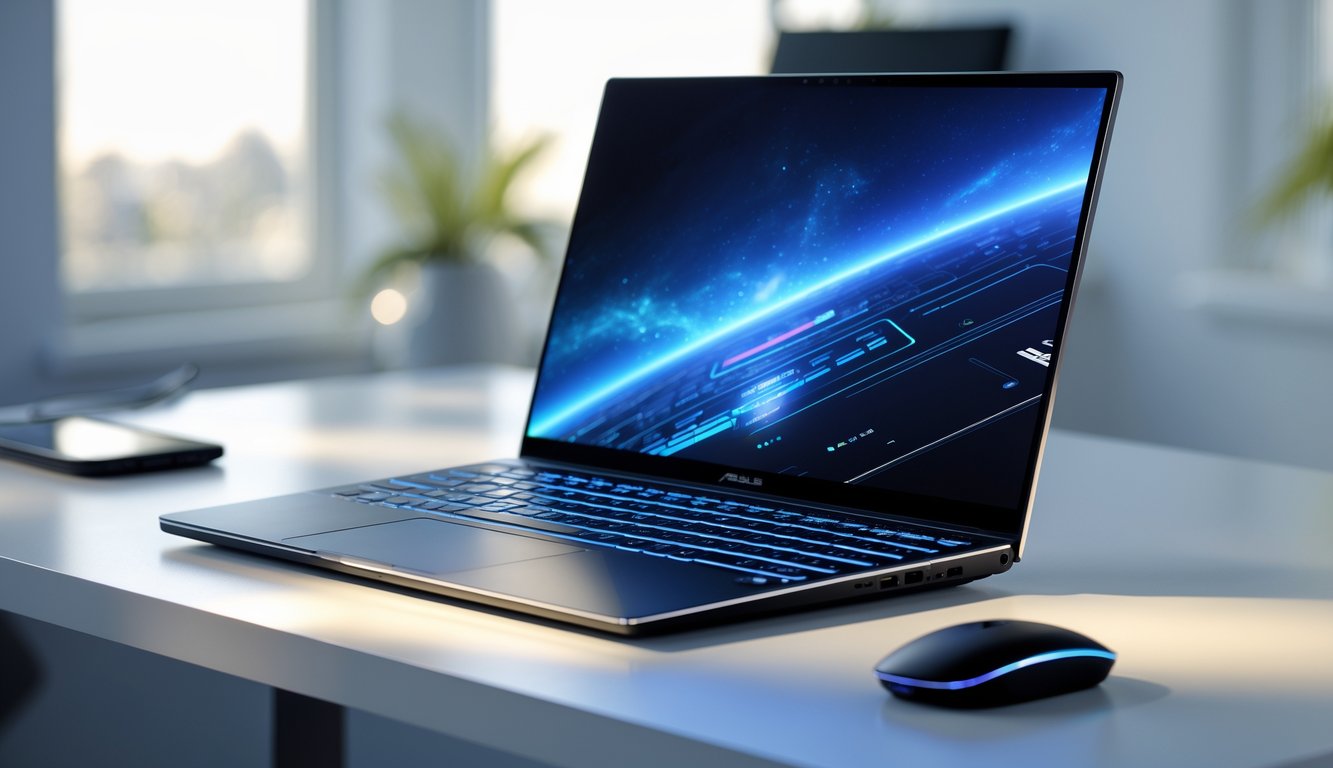 Sebuah laptop Asus terbaru tahun 2025 dengan desain modern dan layar menyala di atas meja putih di ruang kantor.