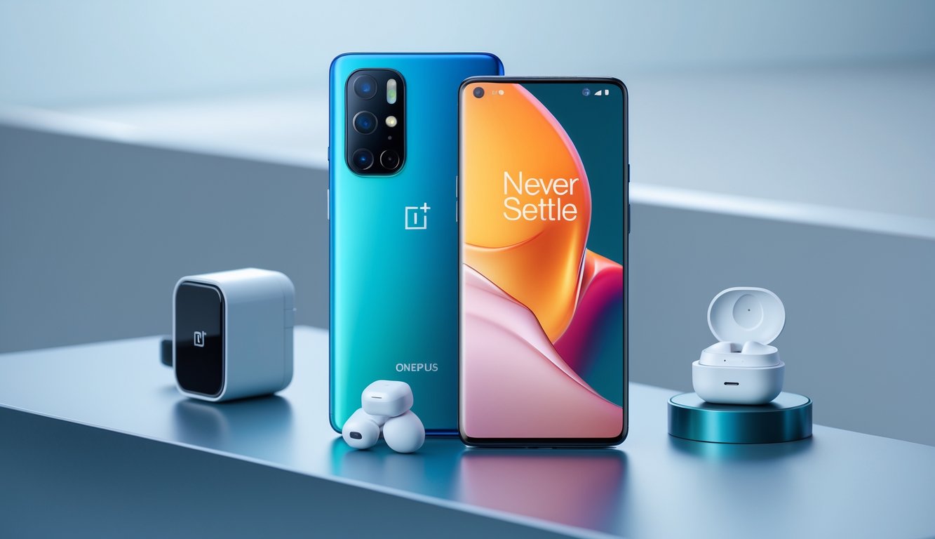 Sebuah ponsel OnePlus terbaru tahun 2025 diletakkan di atas permukaan modern dengan aksesori teknologi di sekitarnya.