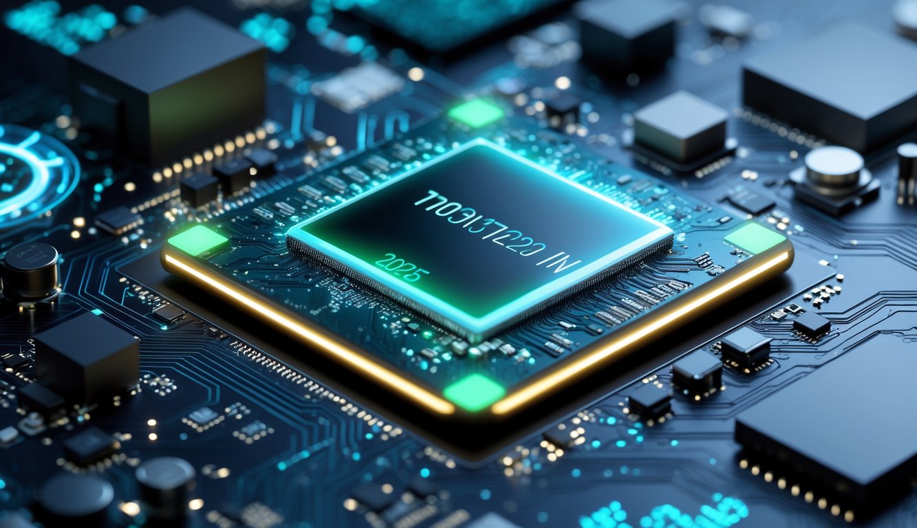 Close-up papan sirkuit smartphone dengan chip mikro futuristik yang memancarkan cahaya biru dan hijau, menggambarkan perkembangan prosesor smartphone tahun 2025.