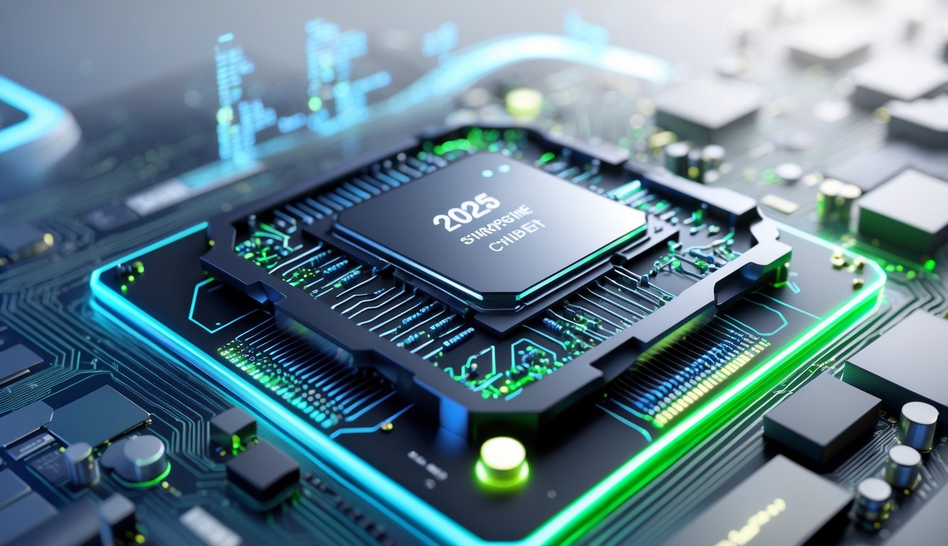 Gambar close-up chipset handphone terbaru tahun 2025 dengan papan sirkuit dan komponen elektronik di sekitarnya.