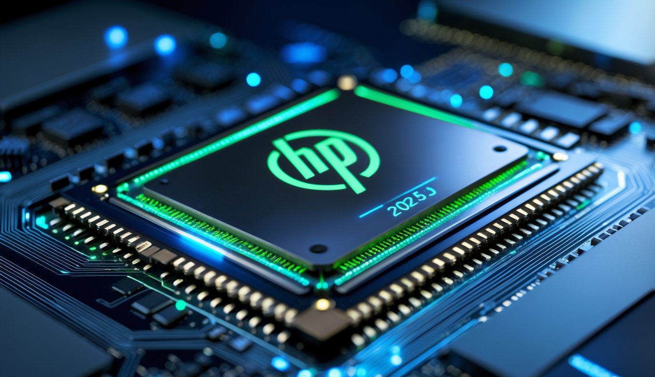 Foto close-up prosesor HP canggih dengan lampu LED biru dan hijau, menunjukkan detail sirkuit dan desain modern.