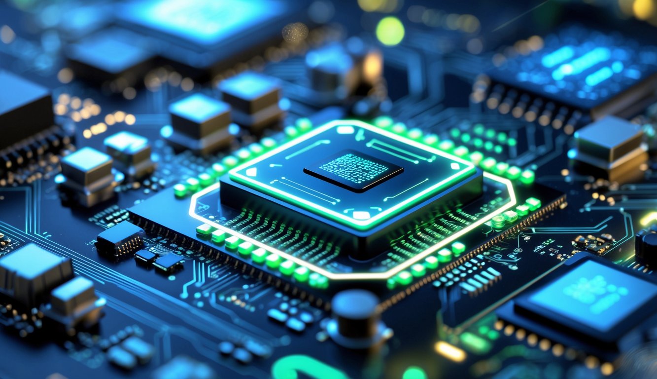 Close-up papan sirkuit smartphone dengan chipset canggih yang bersinar dan komponen elektronik di sekitarnya.