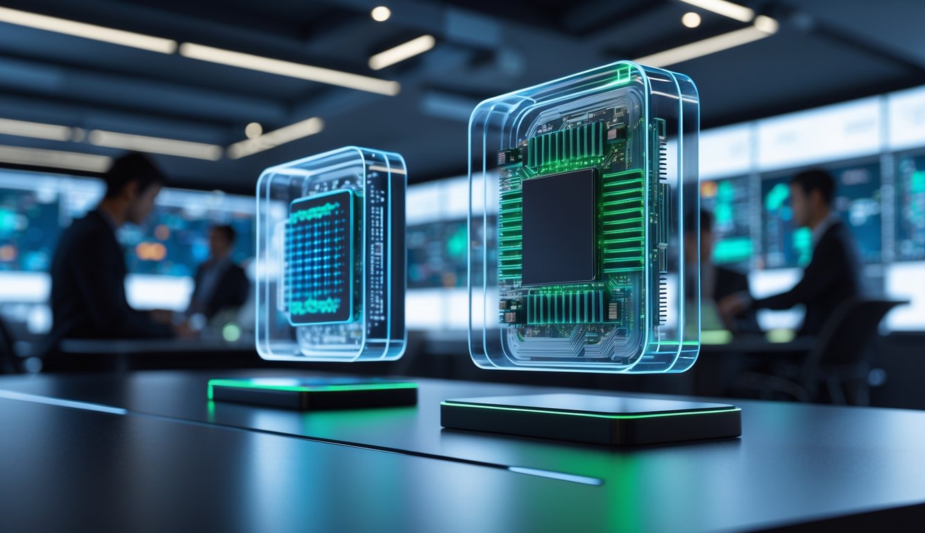 Dua model prosesor smartphone futuristik ditampilkan di hologram di atas meja kerja modern dengan latar belakang orang yang sedang menganalisis data.