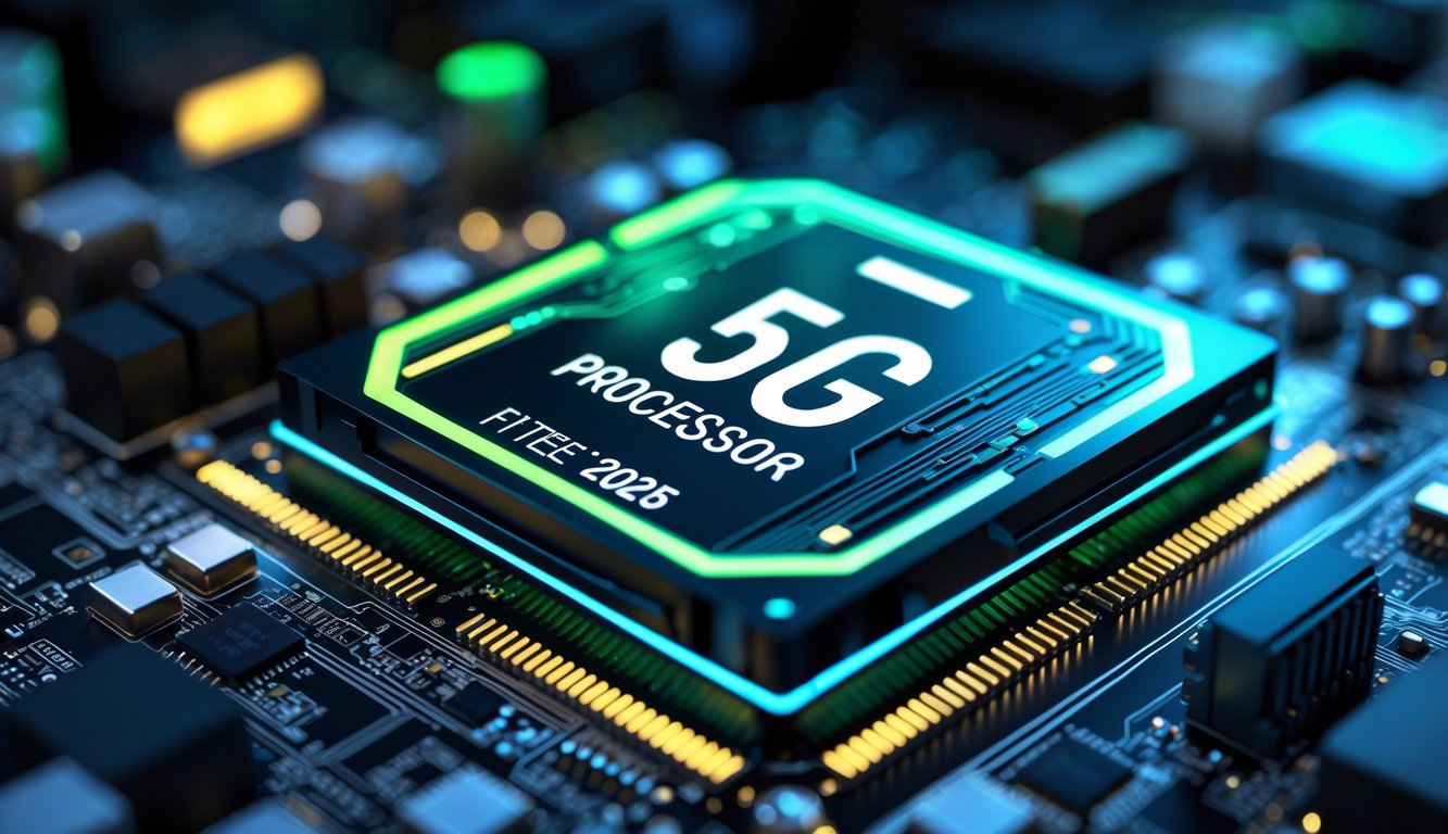 Foto close-up prosesor 5G terbaru tahun 2025 dengan sirkuit dan lampu yang menyala pada papan sirkuit.