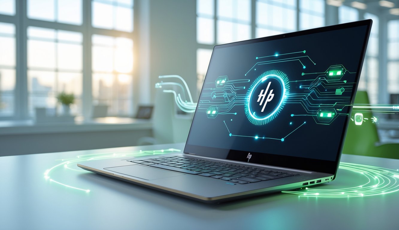Sebuah laptop HP modern di atas meja dengan latar kantor terang dan pola sirkuit bercahaya di layar yang menggambarkan efisiensi daya prosesor tahun 2025.