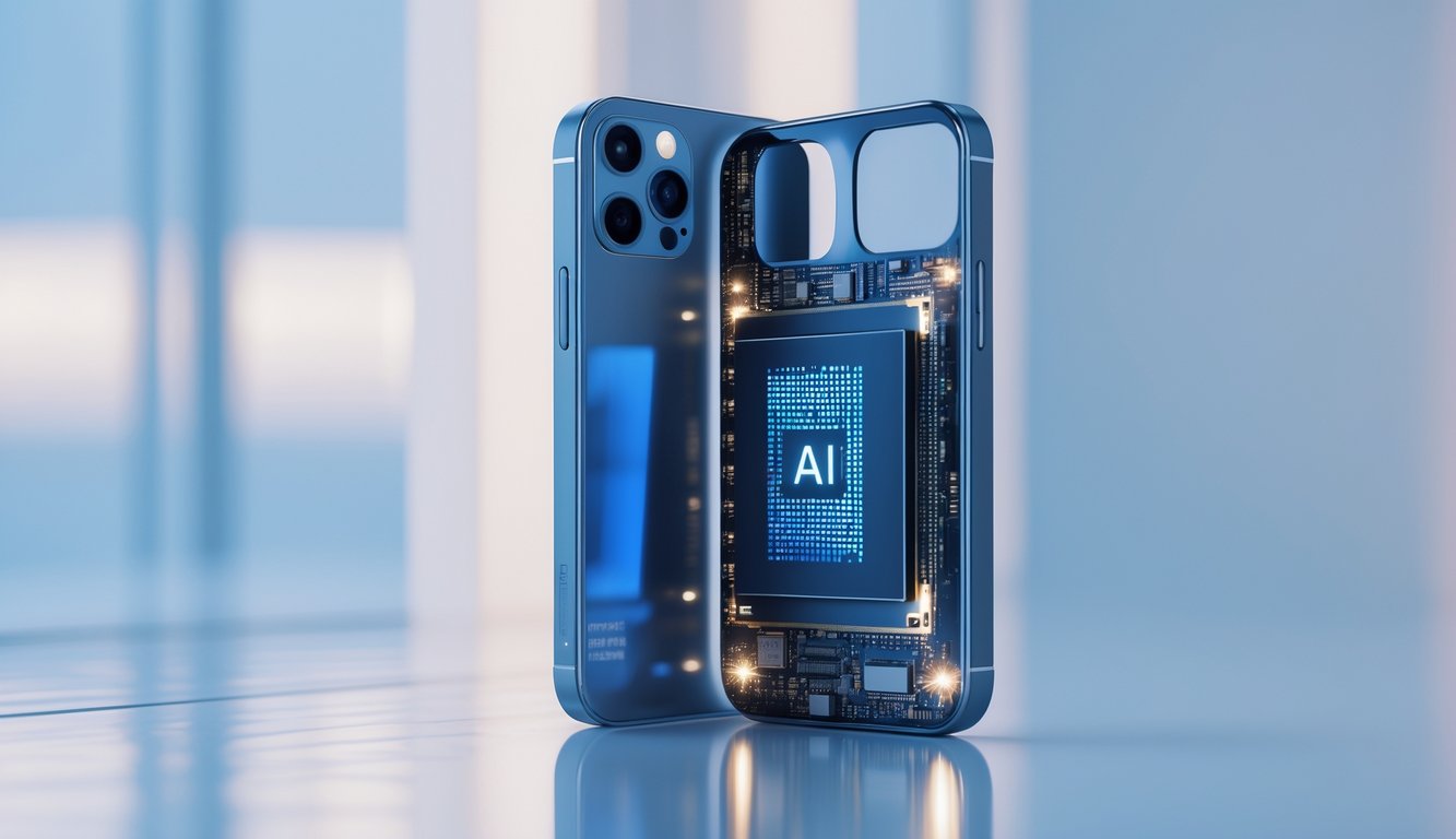 Smartphone futuristik dengan prosesor AI yang terlihat di dalamnya, menampilkan chip dan rangkaian elektronik yang menyala.