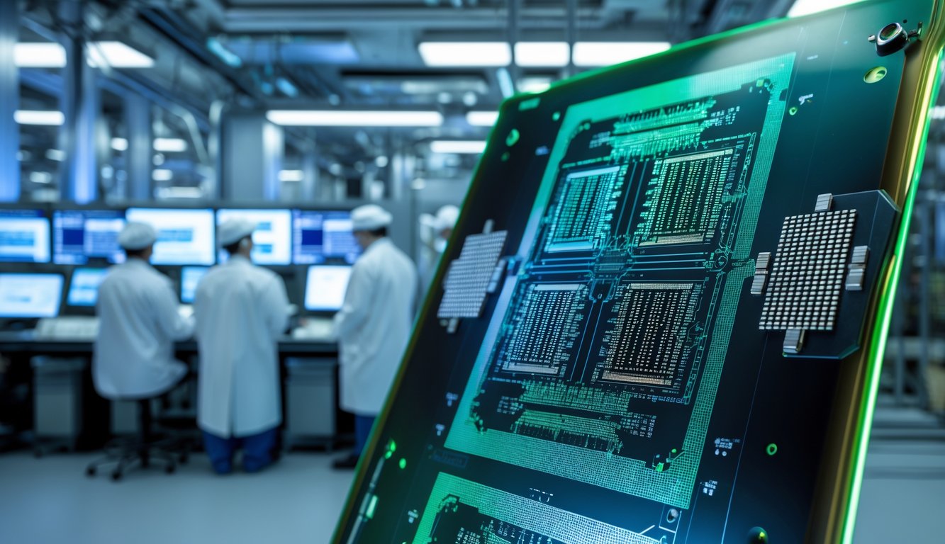 Close-up wafer silikon dengan pola mikrochip dan teknisi di laboratorium fabrikasi semikonduktor bekerja dengan peralatan canggih.