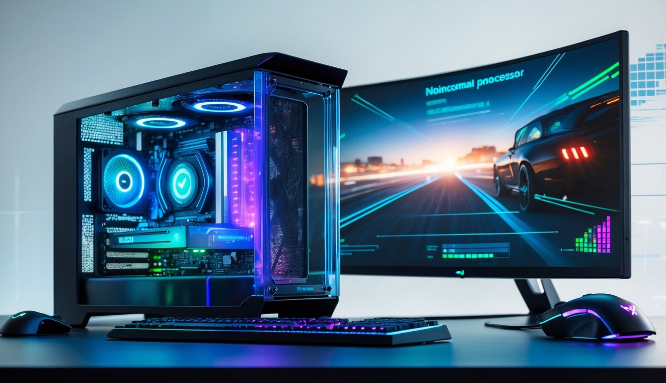 Sebuah setup komputer gaming modern dengan prosesor canggih yang menyala di dalam casing transparan, dikelilingi oleh aksesori gaming dan layar melengkung menampilkan permainan video.
