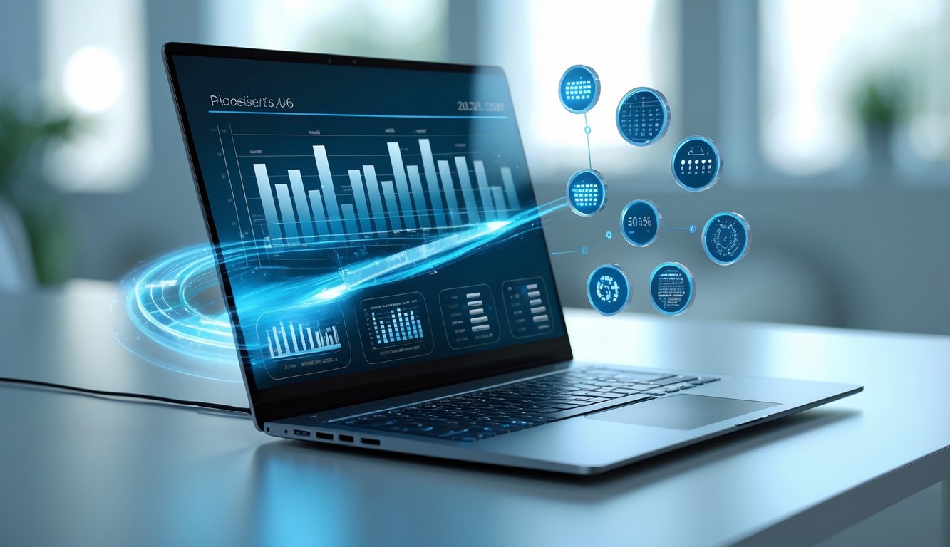 Sebuah laptop modern di meja kerja dengan tampilan grafik digital yang menunjukkan perkembangan teknologi.