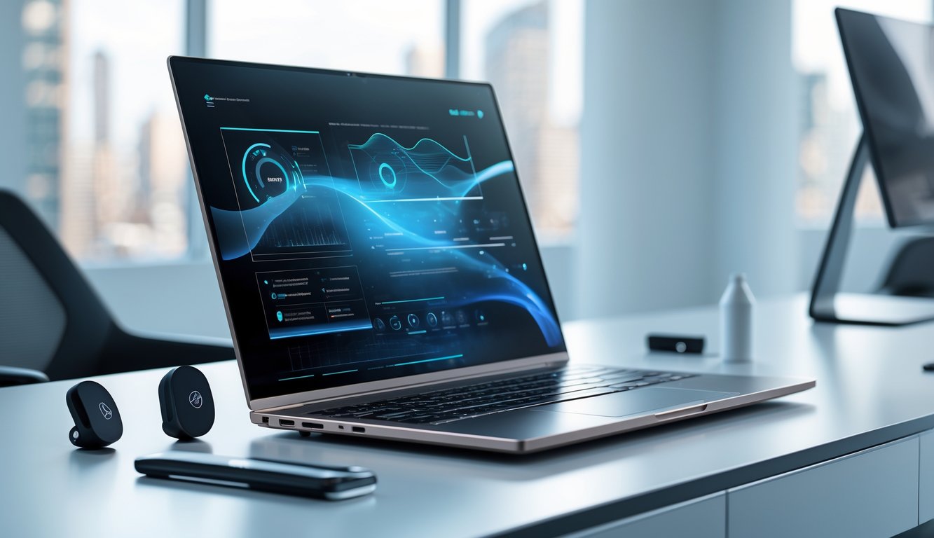 Sebuah laptop futuristik di atas meja modern dengan latar belakang kantor berteknologi tinggi dan pemandangan kota melalui jendela besar.