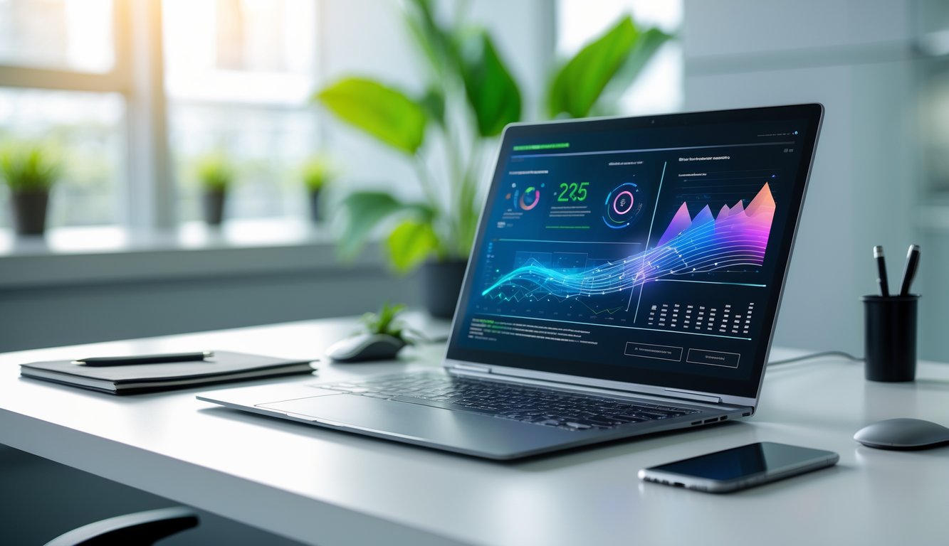 Sebuah laptop modern terbaru tahun 2025 terbuka di atas meja kerja dengan aksesori minimalis di sekitarnya dan latar belakang kantor yang terang.