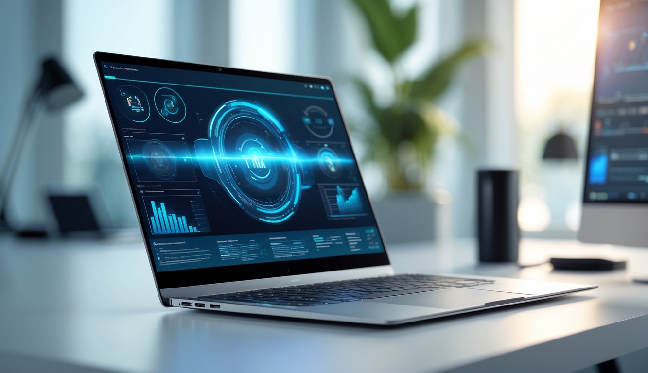 Laptop generasi terbaru dengan desain modern dan layar menampilkan antarmuka teknologi canggih di atas meja kerja minimalis.