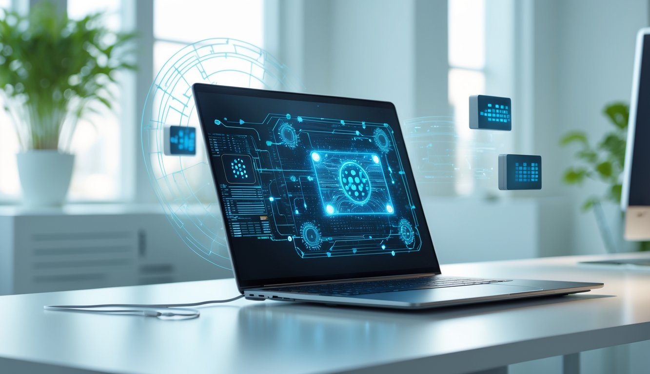 Sebuah laptop modern di atas meja kantor dengan tampilan grafik digital yang menggambarkan kecerdasan buatan.