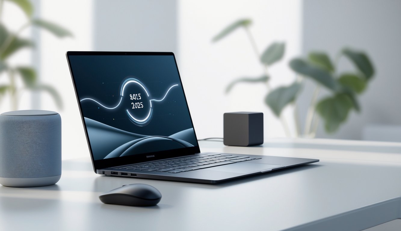 Laptop modern terbuka di atas meja dengan latar belakang kabur dan beberapa alat teknologi di sekitarnya.