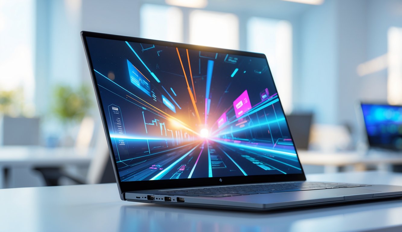 Sebuah laptop modern dengan layar tipis dan warna cerah di atas meja di ruang kantor yang terang.