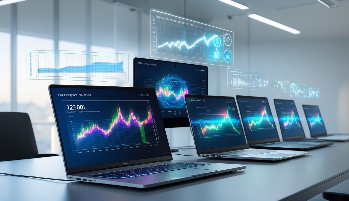 Beberapa laptop modern yang disusun berurutan dari yang lama ke yang baru di atas meja kerja dengan grafik performa di layar masing-masing.
