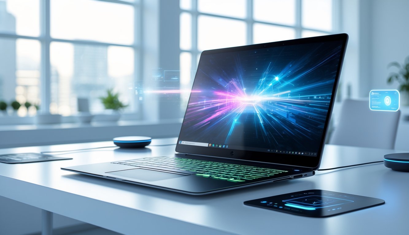 Sebuah laptop futuristik tahun 2025 diletakkan di atas meja modern dengan layar transparan dan keyboard bercahaya di sebuah ruangan kantor yang terang.