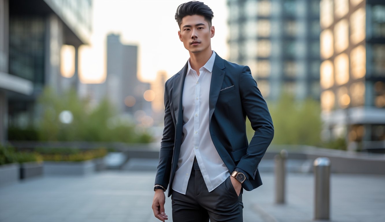 Seorang pria muda berdiri di luar ruangan dengan latar belakang kota, mengenakan pakaian modis terbaru tahun 2025.
