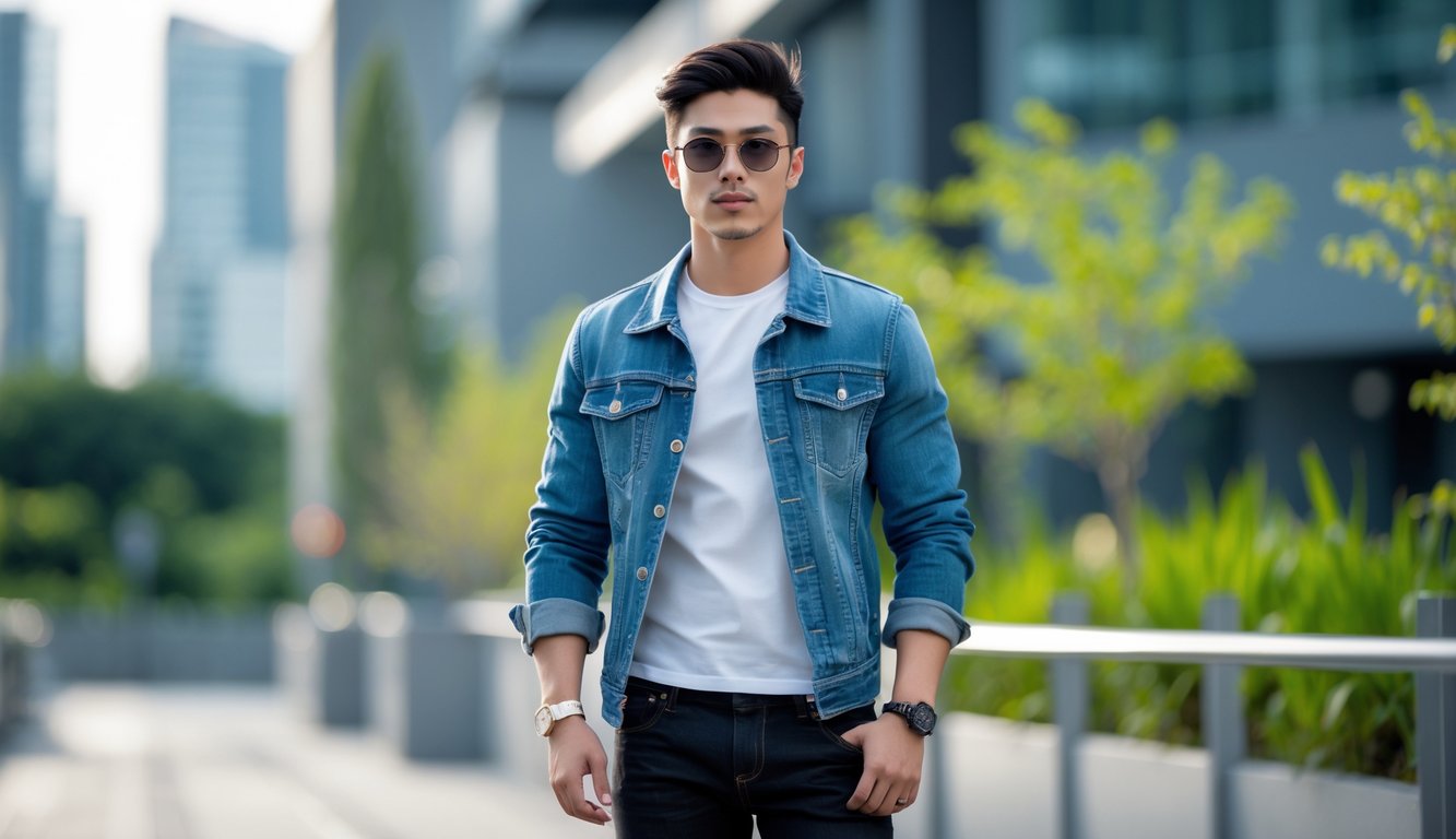 Seorang pria muda berdiri di luar ruangan mengenakan pakaian kasual modern dengan jaket denim dan celana hitam, latar belakang kota dan pepohonan.