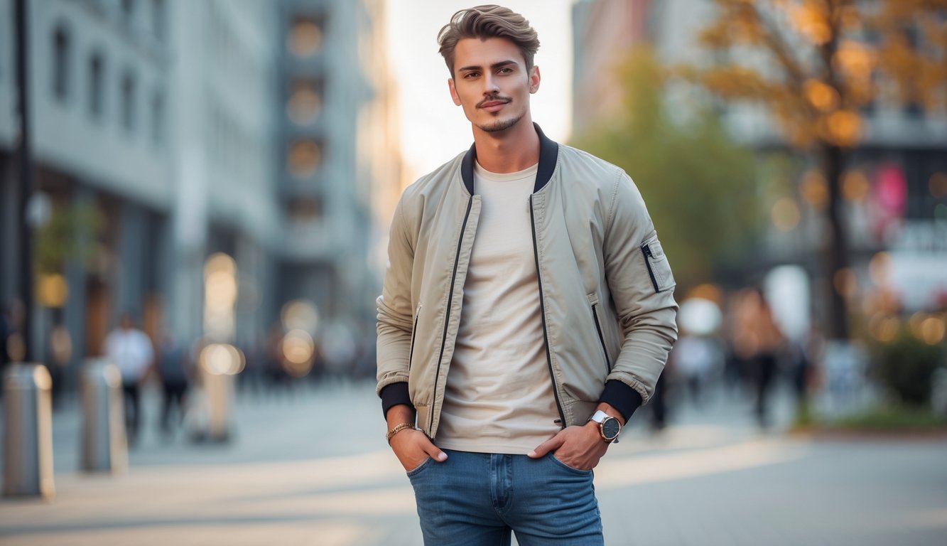 Seorang pria muda berdiri di luar ruangan mengenakan pakaian kasual, dengan latar belakang kota yang samar.